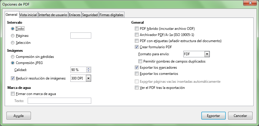 Diálogo Opciones de PDF, ficha General