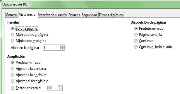 Diálogo Opciones de PDF, ficha Vista inicial