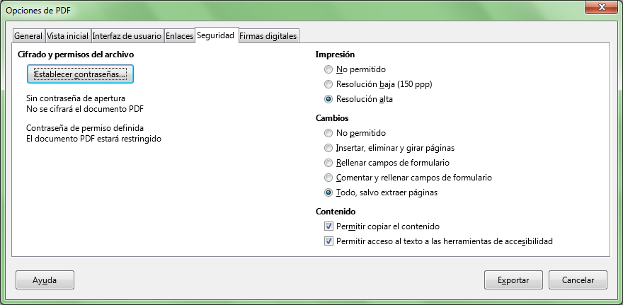 Pestaña Seguridad del cuadro de diálogo Opciones de PDF