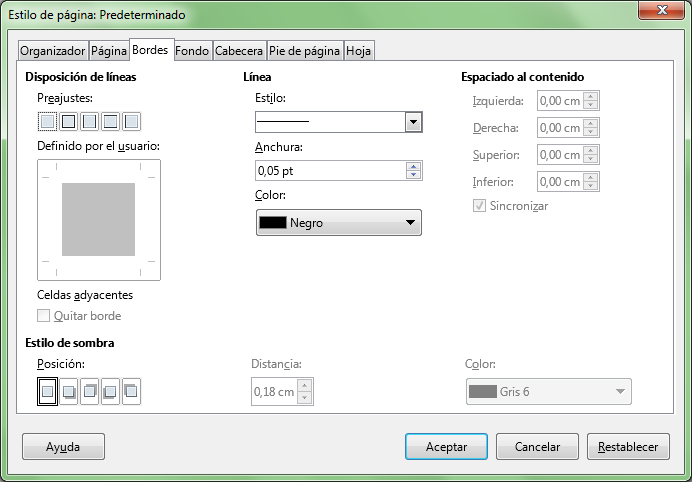 Diálogo Estilo de página, ficha Borde