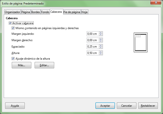 Pestaña Cabecera en el diálogo Estilo de página