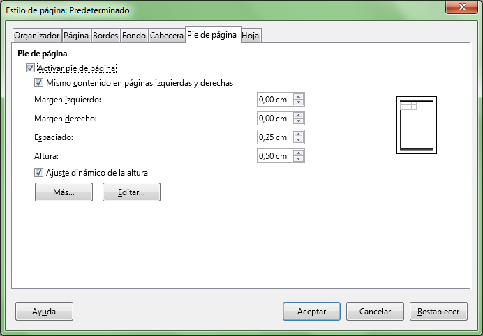 Diálogo Estilo de página, ficha Pie de página