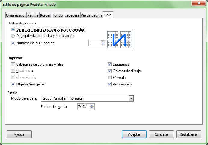 Diálogo Estilo de página, ficha Hoja