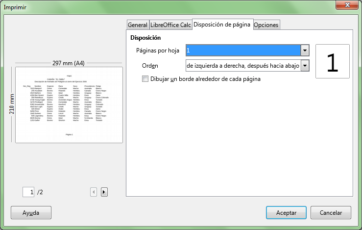 Pestaña Disposición de página del cuadro de diálogo Imprimir