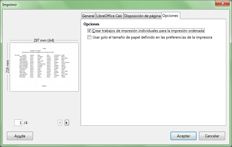 Pestaña Opciones del cuadro de diálogo Imprimir
