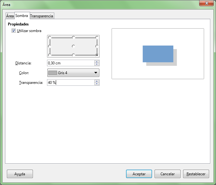 Pestaña Sombra del diálogo Área