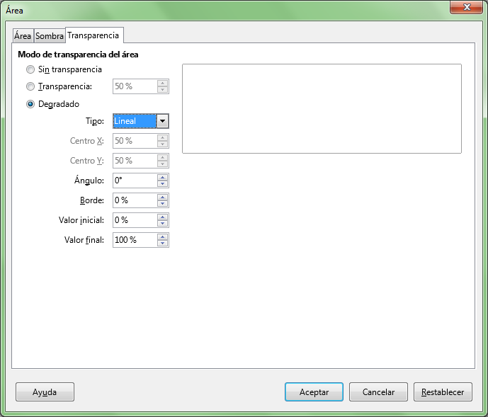 Pestaña Transparencia del diálogo Área