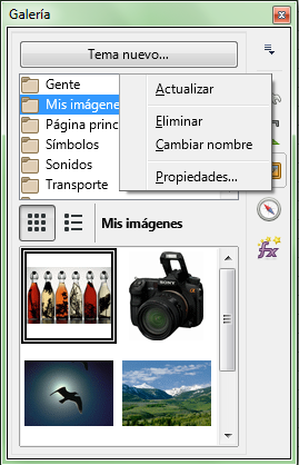 El menú contextual de los temas de la Galería