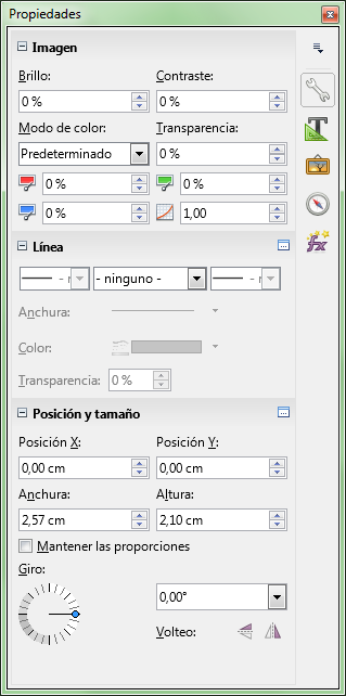 Propiedades de imagen en el panel lateral