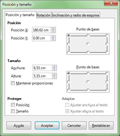 Diálogo Posición y tamaño