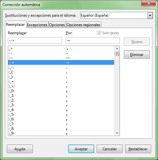 Diálogo Corrección automática Diálogo Corrección automática