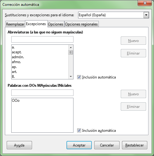 Ficha Excepciones del diálogo Corrección automática Ficha Excepciones del diálogo Corrección automática