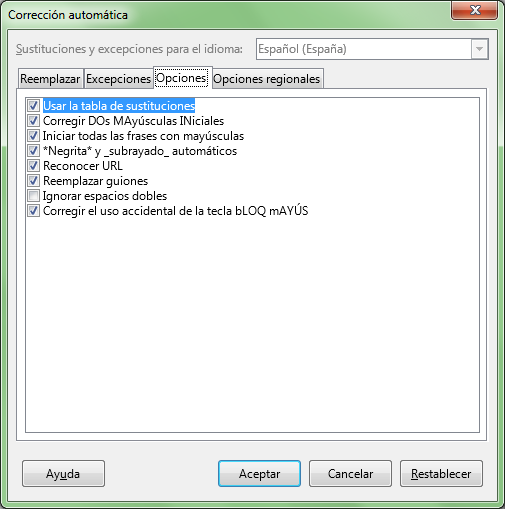 Ficha Opciones del diálogo Corrección automática Ficha Opciones del diálogo Corrección automática