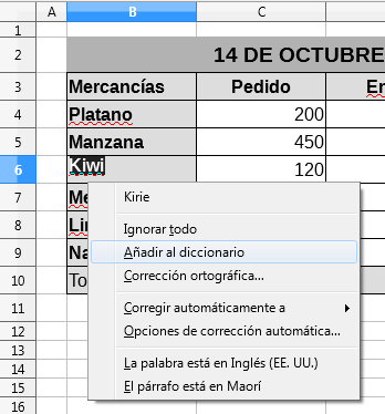 Agregando la palabra Kiwi al diccionario personal
