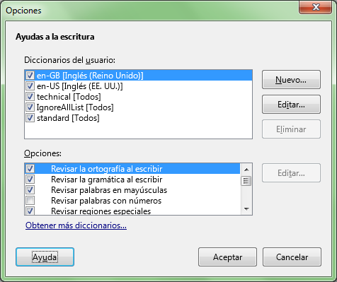 Cuadro de diálogo Opciones (de revisión ortográfica)