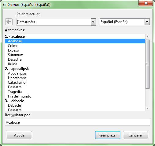 Cuadro de diálogo Sinónimos
