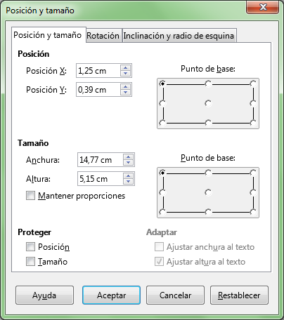 Diálogo Posición y tamaño