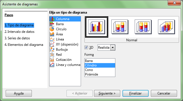 Gráfico de columna 3D realista con cilindros