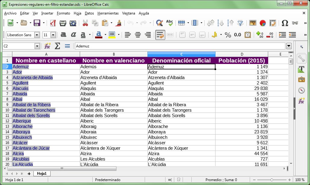 Expresiones regulares en filtros - hoja de cálculo para el ejercicio