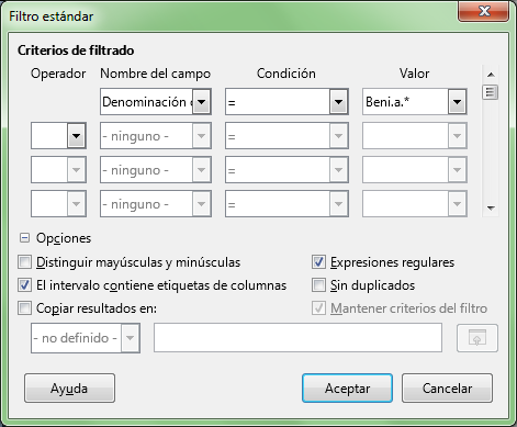 Diálogo filtro estándar con las nuevas condiciones de filtro
