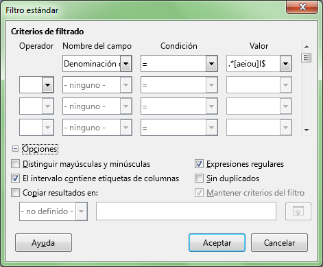 Diálogo Filtro estándar con las nuevas condiciones de filtro