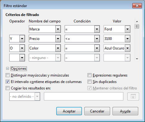 Diálogo Filtro estándar con más opciones