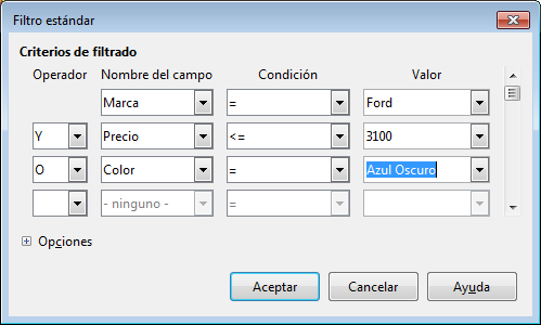 Diálogo Filtro estándar