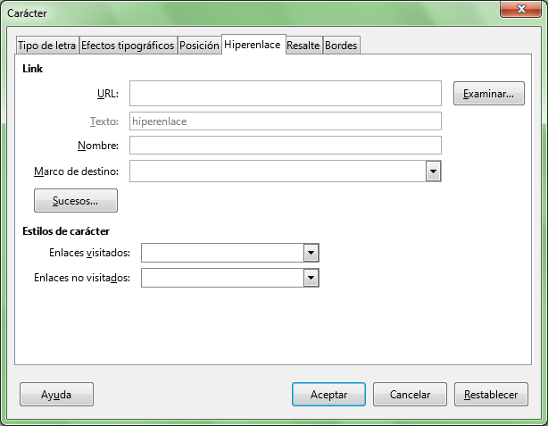 Asignar un hipervínculo a un texto. Diálogo Carácter, pestaña Hiperenlace