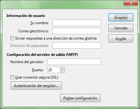Diálogo para la configuración del servidor de correo SMTP