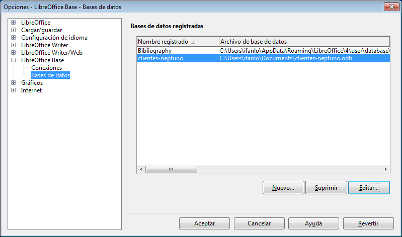 Registrar base de datos desde las opciones de LibreOffice