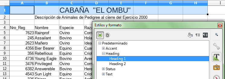 Rango de celdas a las que se ha aplicado el estilo Heading1