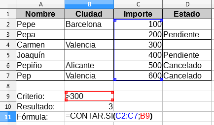 Criterio expresado en una celda
