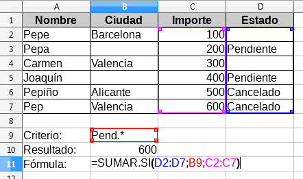SUMAR.SI con criterio texto y uso de expresiones regulares