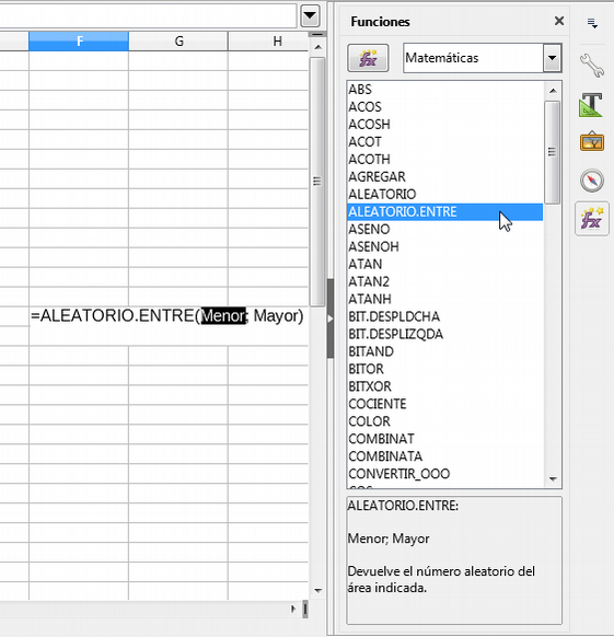 Insertando la funcion ALEATORIO.ENTRE desde la Lista de funciones