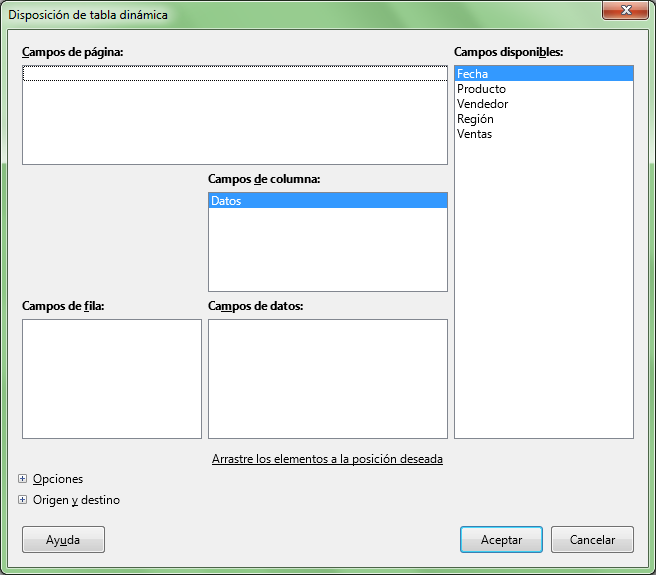 Diálogo Tabla dinámica con las opciones de diseño
