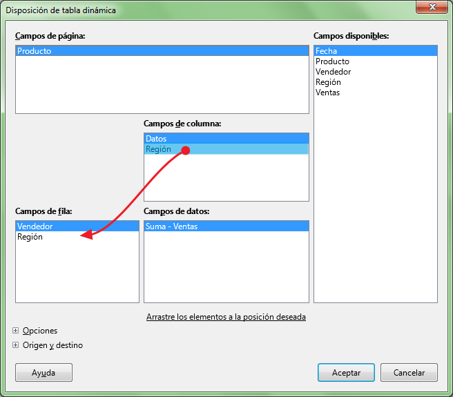 Arrastrando campos desde la vista diseño de la tabla dinámica