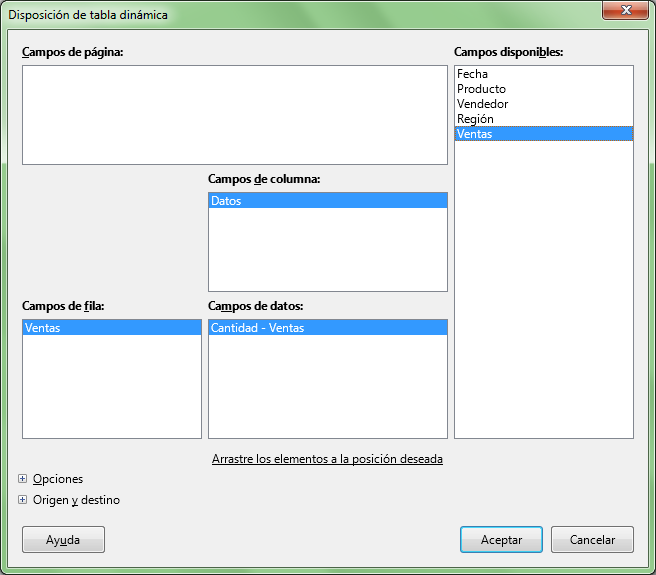 Vista diseño de la tabla dinámica