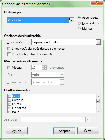 Diálogo Opciones de los campos de datos