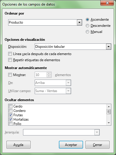 Ocultar elementos desde el diálogo Opciones de los campos de datos