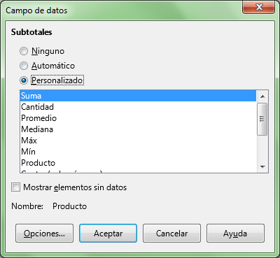 Cambiando configuración de subtotales para Producto