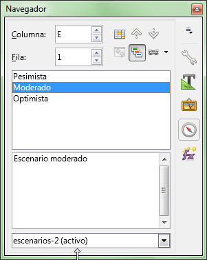 El Navegador de Calc en la vista Escenarios