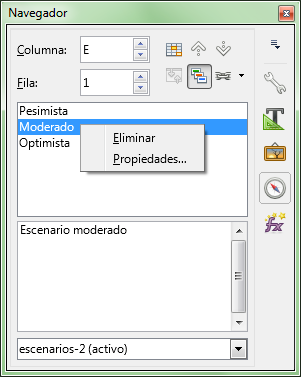 Mantenimiento de escenarios en la vista Escenarios