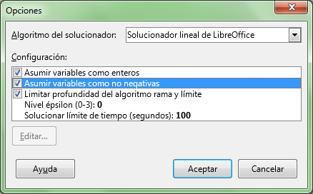 Opciones del Solucionador