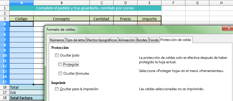 Desprotegemos las celdas de la columna Código