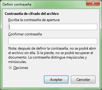 Primer nivel de protección, definir contraseña de apertura