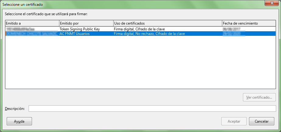 Diálogo Seleccione un certificado