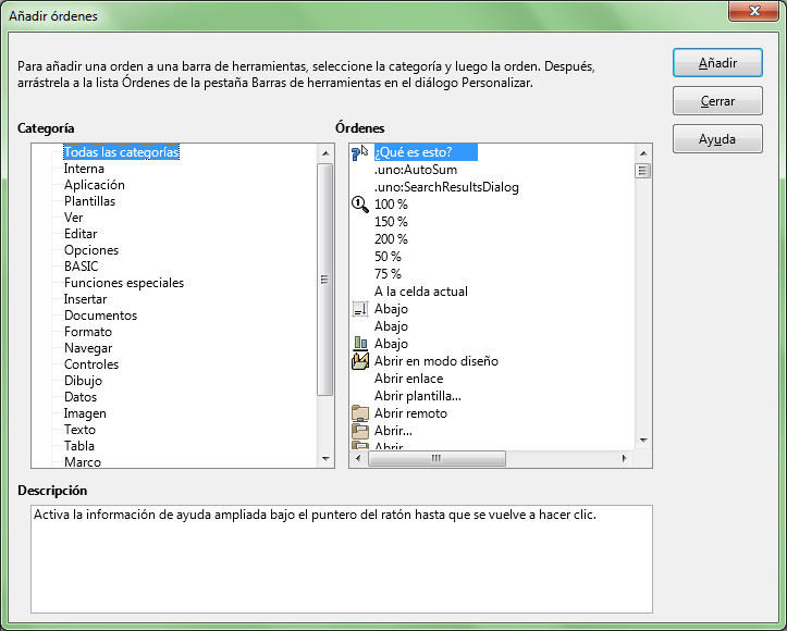 Diálogo Añadir órdenes