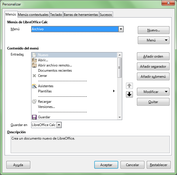 Diálogo Personalizar (menú)