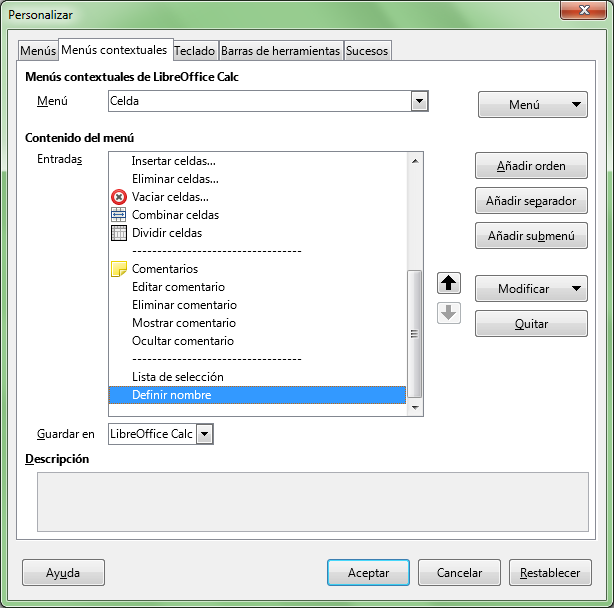 Diálogo Personalizar (menú contextual)