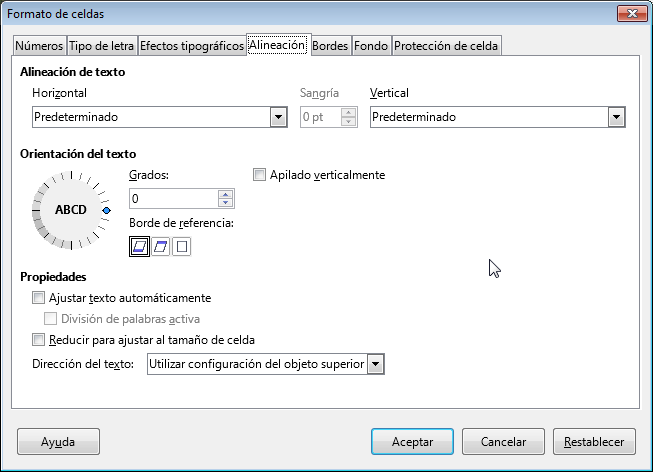 La pestaña Alineación del diálogo Formato de celdas